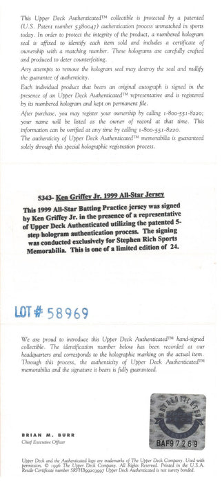 Ken Griffey Jr. Signed 1999 All-Star Game Jersey 15/24 Upper Deck UDA COA