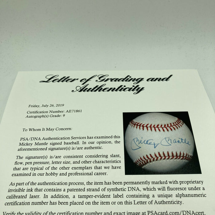 Beautiful Mickey Mantle Signed American League Baseball PSA DNA Graded MINT 9