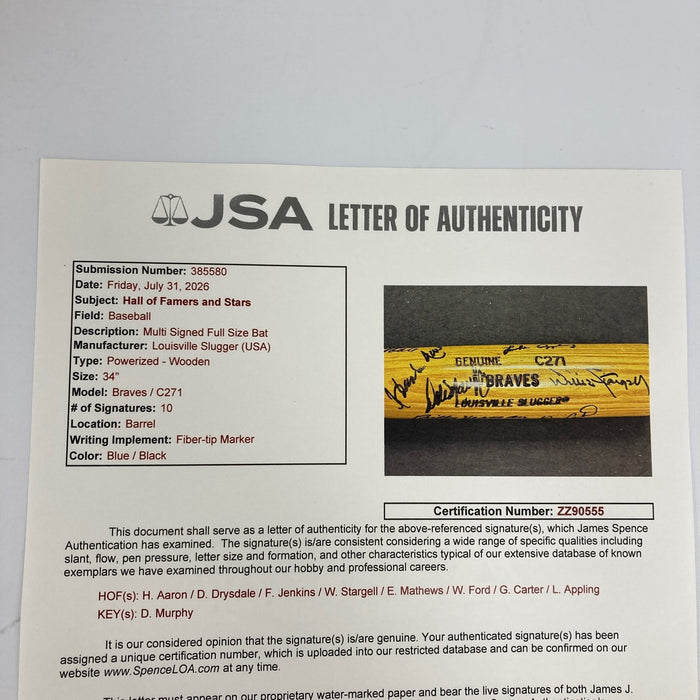 Hank Aaron Eddie Mathews Willie Stargell Gary Carter HOF Signed Baseball Bat JSA