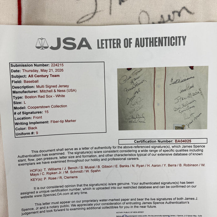 All Century Team Signed Jersey 15 Sigs With Ted Williams Willie Mays PSA & JSA