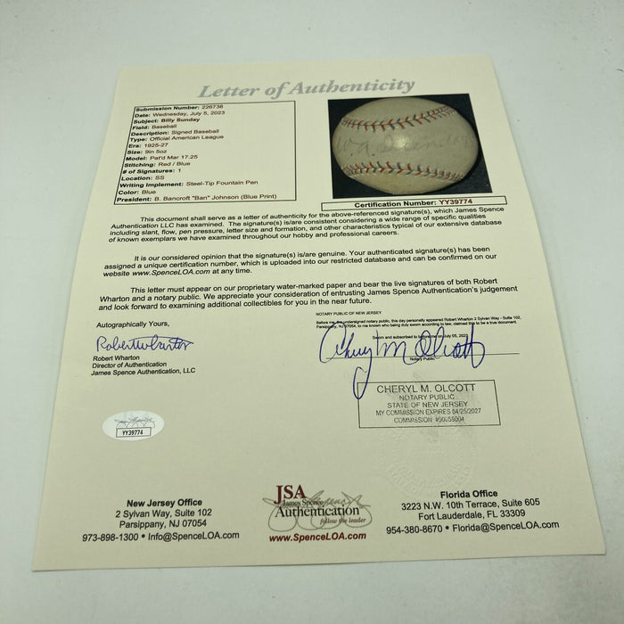 Billy Sunday Signed 1925 American League Baseball Evangelist JSA & Beckett