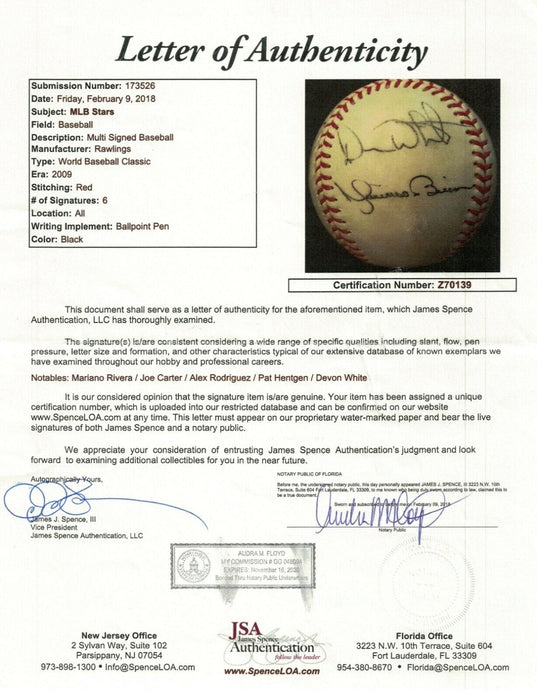 Mariano Rivera Alex Rodriguez Joe Carter Walkoff HR Signed 2009 WBC Baseball JSA