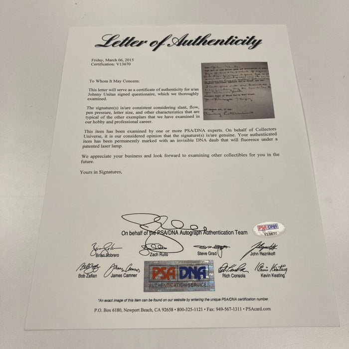 Incredible Johnny Unitas 1959 Signed Handwritten Questionnaire PSA DNA COA