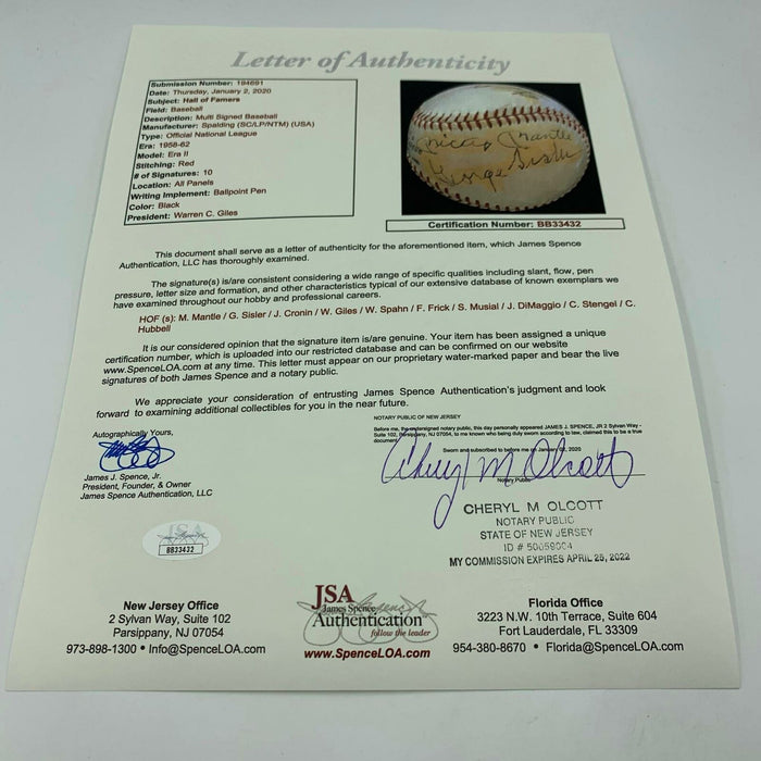 Mickey Mantle Joe Dimaggio George Sisler Casey Stengel Signed Baseball JSA COA