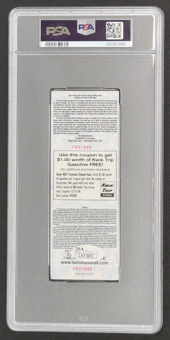 Joe Mauer Signed 2004 MLB Debut Full Ticket PSA Auto 10 Gem Mint April 5, 2004