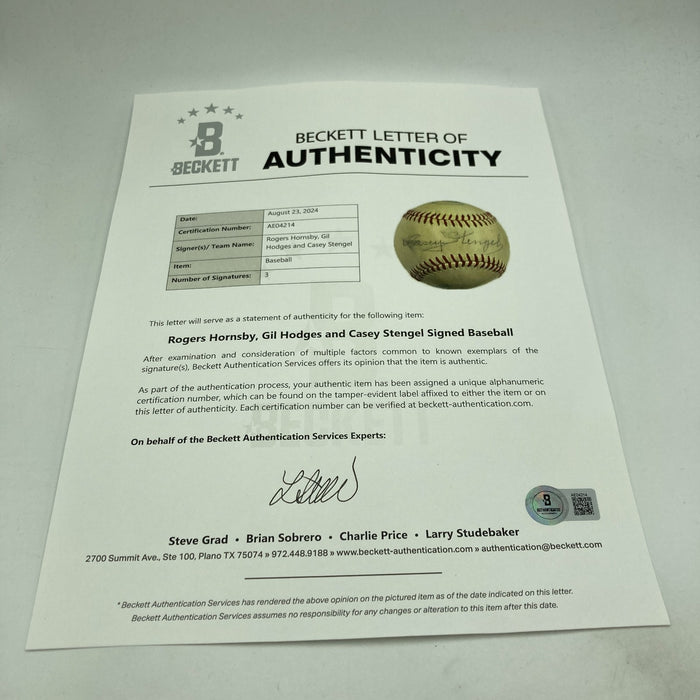 Rogers Hornsby Gil Hodges Casey Stengel Signed National League Baseball Beckett