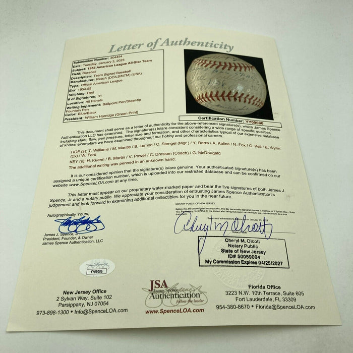 Mickey Mantle Ted Williams 1956 All Star Game Team Signed Baseball JSA COA