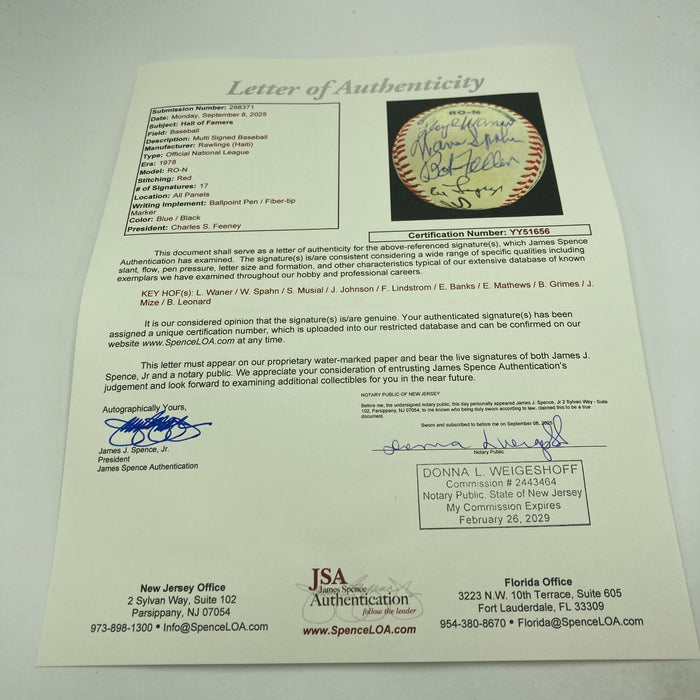 1970's HOF Multi Signed Baseball Lloyd Waner Freddie Lindstrom Musial JSA COA