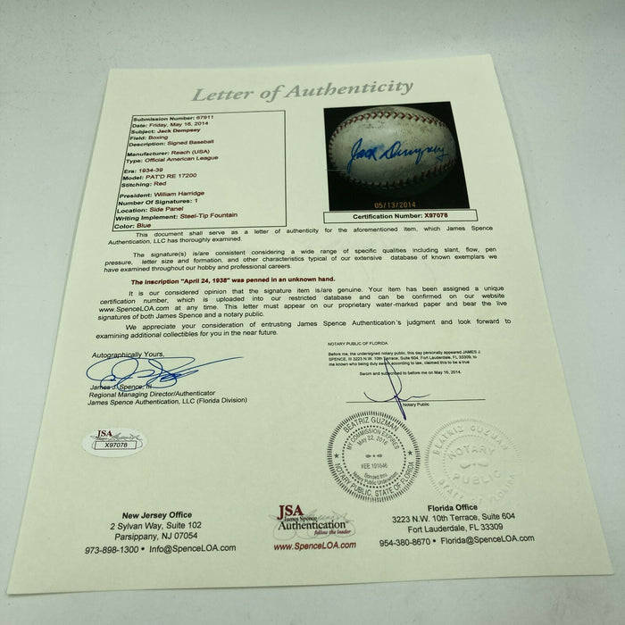 Incredible Jack Dempsey Signed 1937 NY Yankee Stadium Game Used Baseball JSA COA