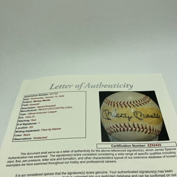 Mickey Mantle Playing Days Signed 1960's American League Joe Cronin Baseball JSA