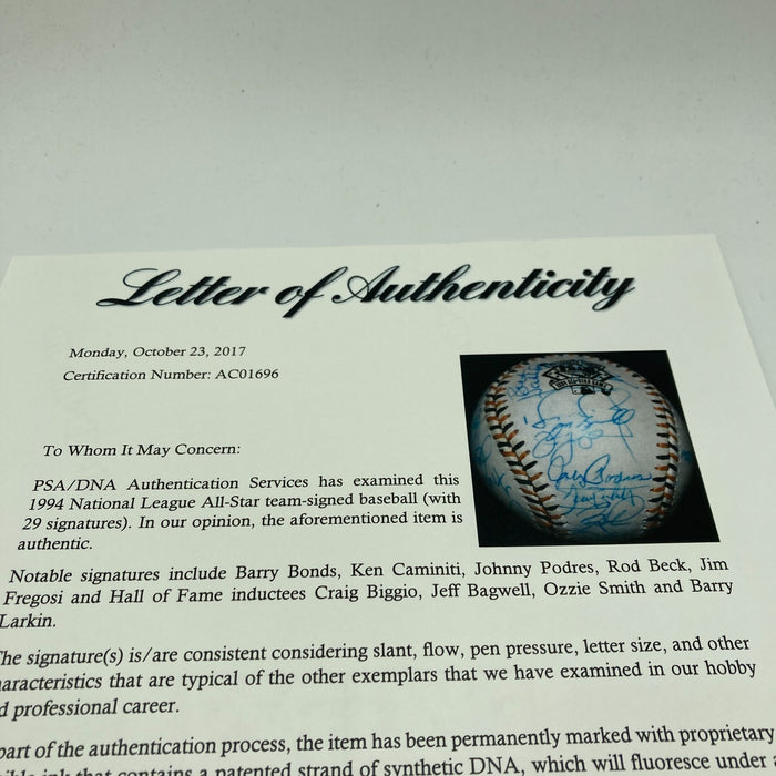 1994 All Star Game National League Team Signed Baseball Barry Bonds PSA DNA COA