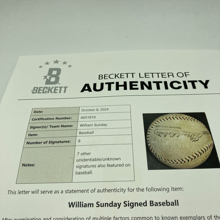 Rare Billy Sunday Signed 1925 American League Baseball Evangelist Beckett COA