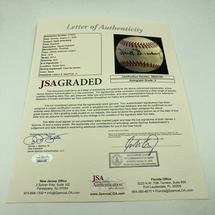 Hank Greenberg Single Signed American League Baseball PSA DNA & JSA Graded 8