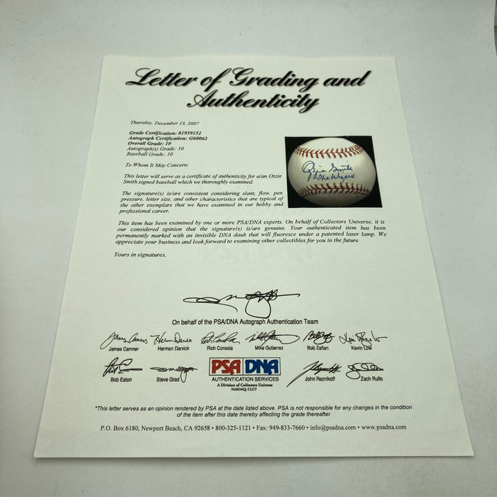 Ozzie Smith "The Wizard" Signed Major League Baseball PSA DNA Graded 10 GEM MINT
