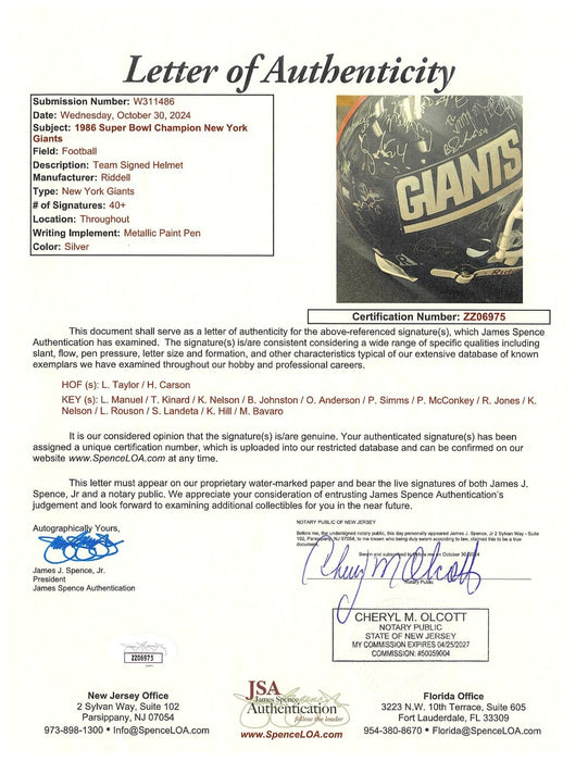 1986 New York Giants Super Bowl Champs Team Signed Full Size Helmet JSA COA