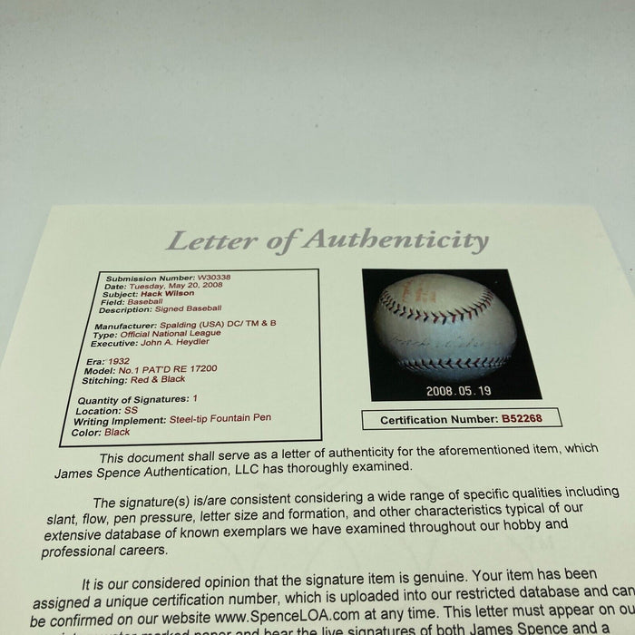 Hack Wilson Single Signed 1932 Official National League Baseball JSA COA