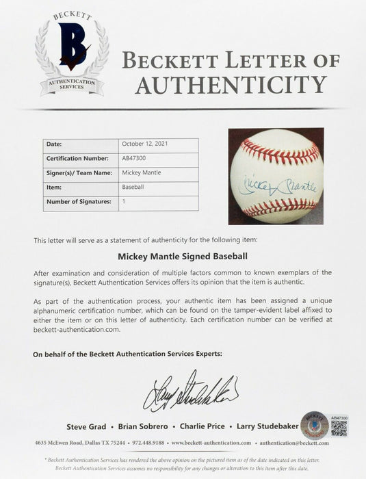Mint Mickey Mantle Signed American League Baseball With Beckett COA