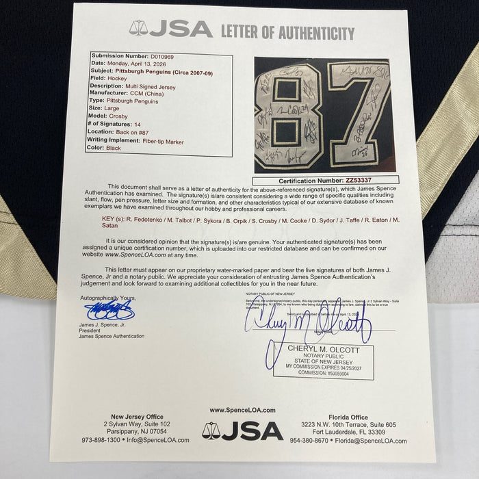 Sidney Crosby 2007-2009 Pittsburgh Penguins Team Signed Hockey Jersey JSA COA