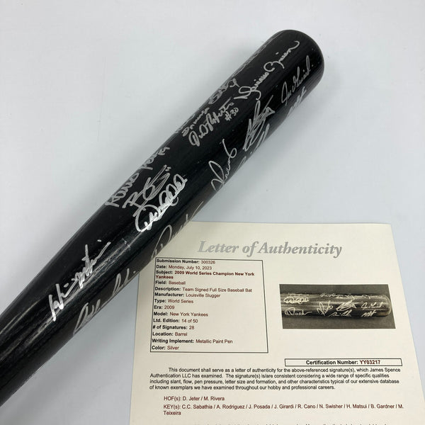 2009 New York Yankees World Series Champs Team Signed Bat #14/50 JSA COA