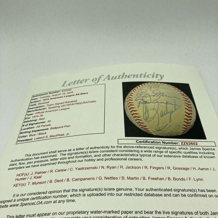Beautiful 1975 All Star Game Team Signed Baseball Thurman Munson JSA COA