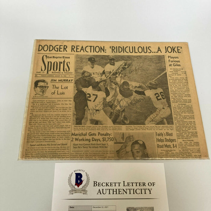 Sandy Koufax Juan Marichal Famous Brawl Signed Vintage 1965 Newspaper Beckett