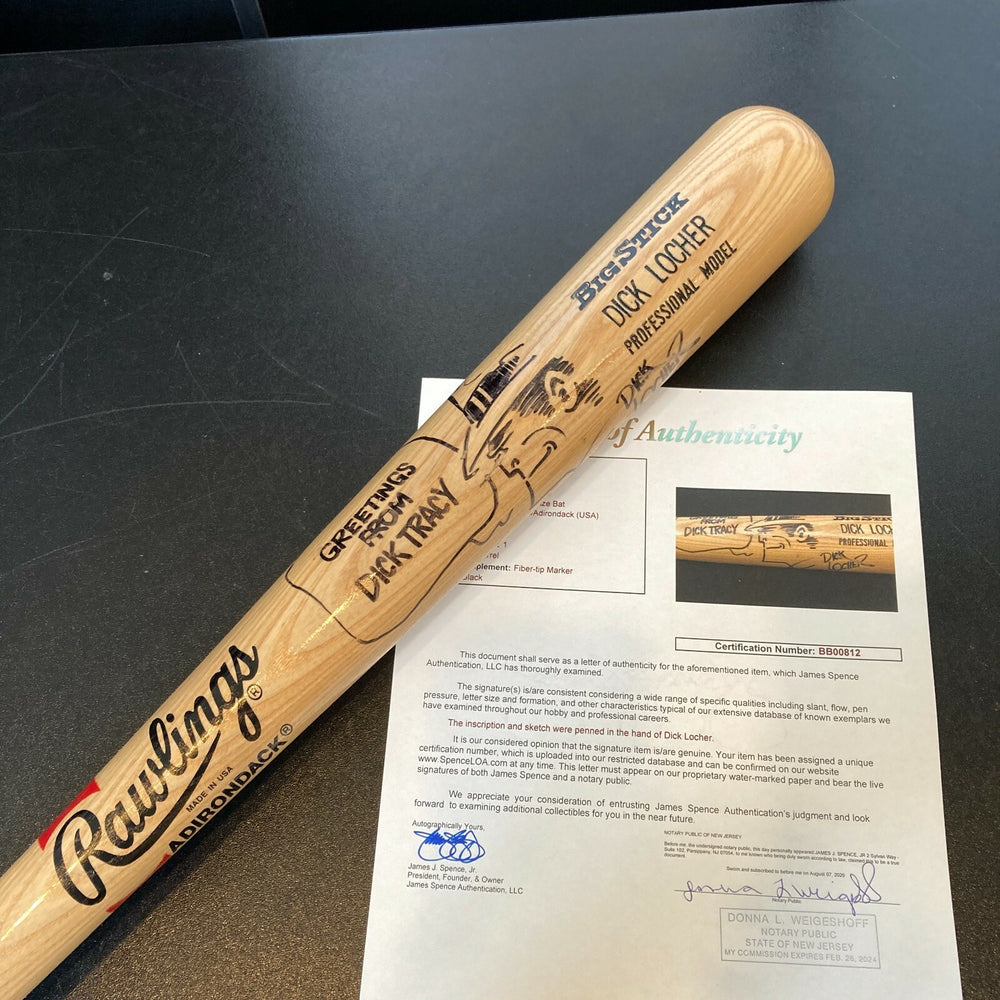 Dick Locher Signed Baseball Bat With Dick Tracy Hand Drawn Cartoon Art JSA COA