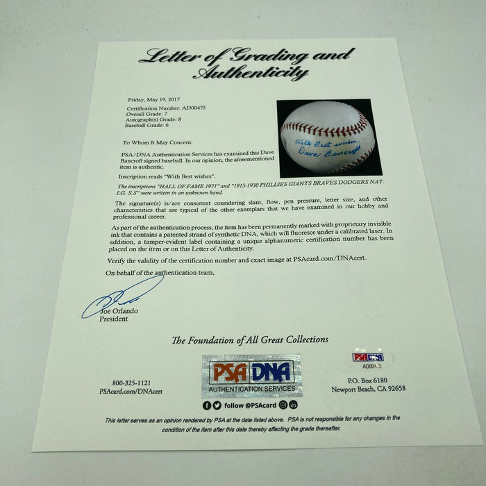 The Finest Dave Bancroft Single Signed Baseball PSA DNA & JSA COA