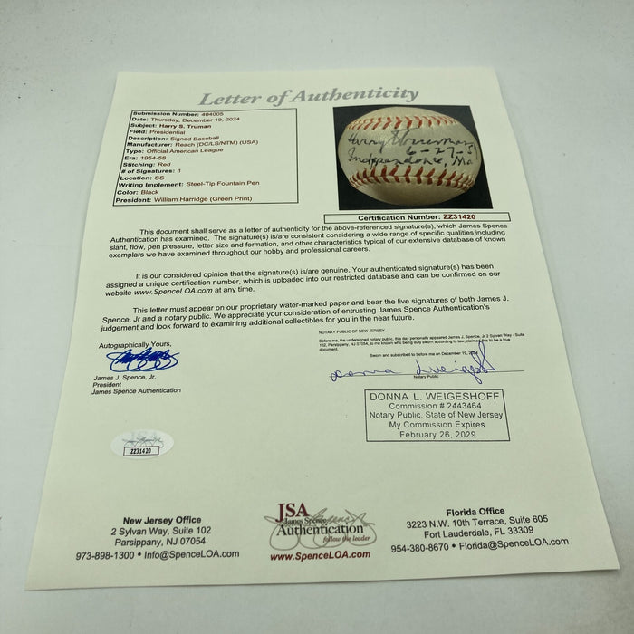 President Harry S. Truman Single Signed American League Baseball JSA COA