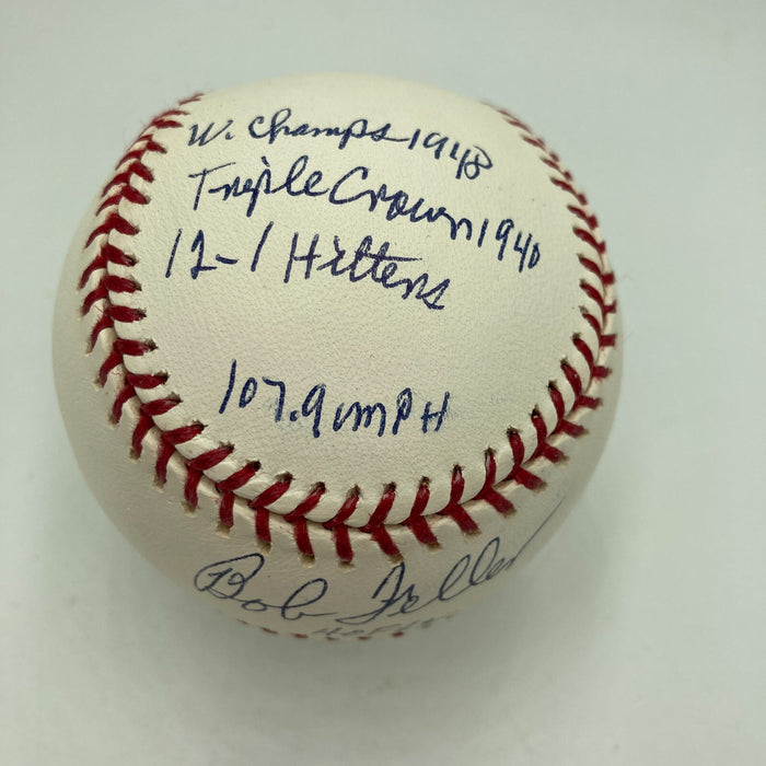 Bob Feller Signed Heavily Inscribed Career STAT Baseball JSA COA