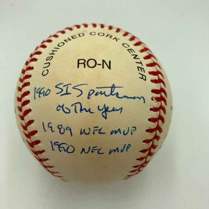 Joe Montana Signed Heavily Inscribed Career STAT Baseball Reggie Jackson COA