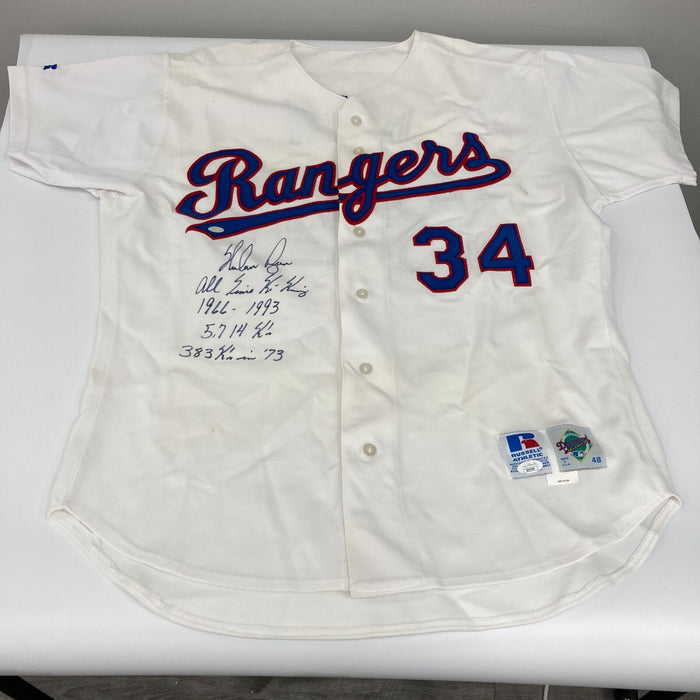 Nolan Ryan Signed Heavily Inscribed Texas Rangers Game Model STAT Jersey JSA COA