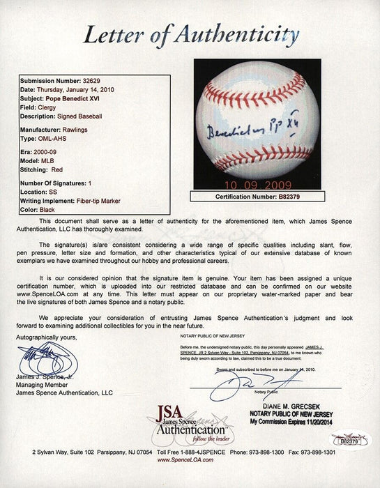 Pope Benedict XVI Single Signed Autographed Baseball JSA COA