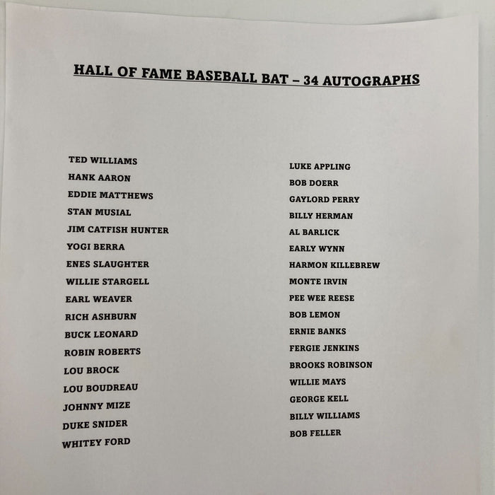 Beautiful Hall Of Fame Multi Signed Bat 34 Sigs Ted Williams Hank Aaron JSA COA