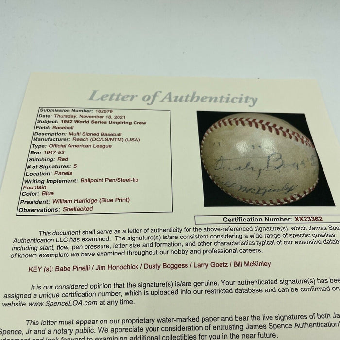 1952 World Series Game Used Baseball Signed By Umpires Yankees Dodgers JSA COA