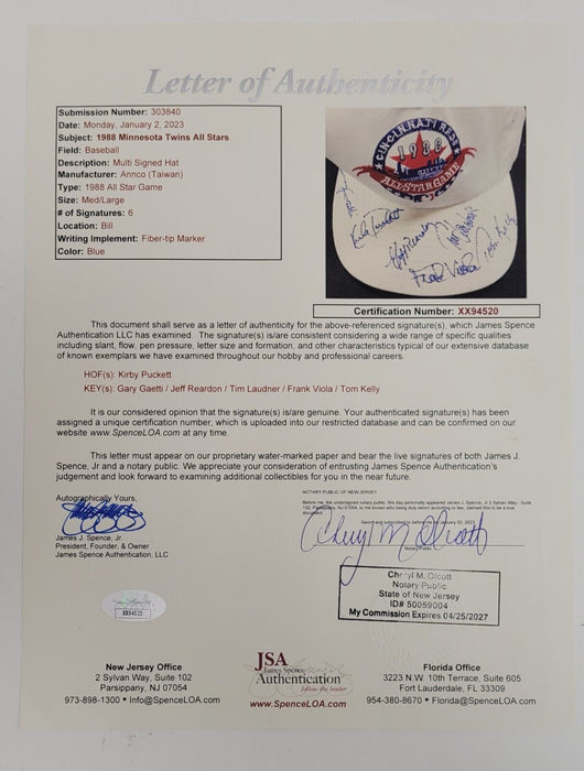 Kirby Puckett Minnesota Twins All Stars Signed 1988 All Star Game Hat JSA COA