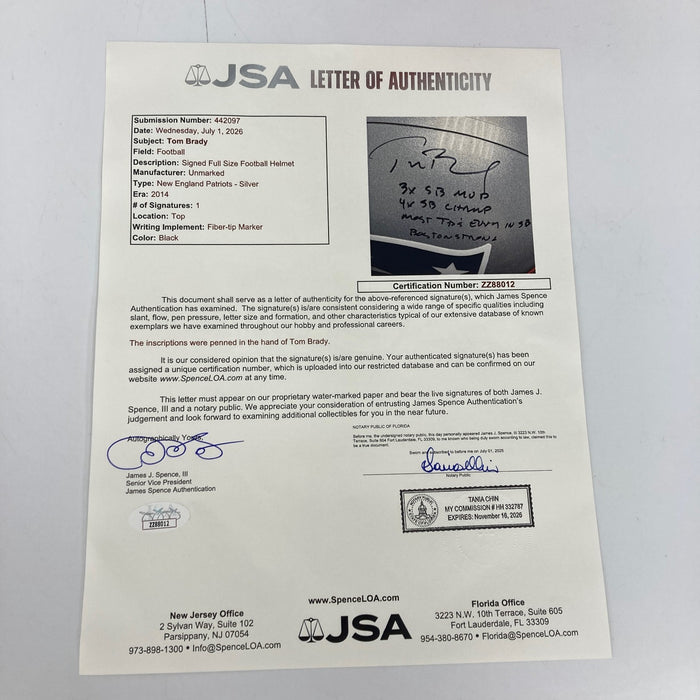 Tom Brady Super Bowl MVP Signed Inscribed New England Patriots Helmet JSA COA