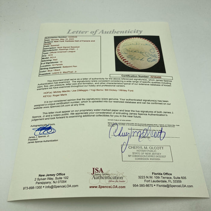 Mickey Mantle Roger Maris & Joe Dimaggio Yankees Legends Signed Baseball JSA COA