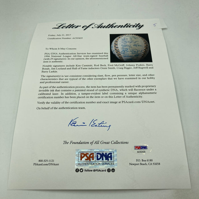 1994 All Star Game National League Team Signed Baseball Barry Bonds PSA DNA COA