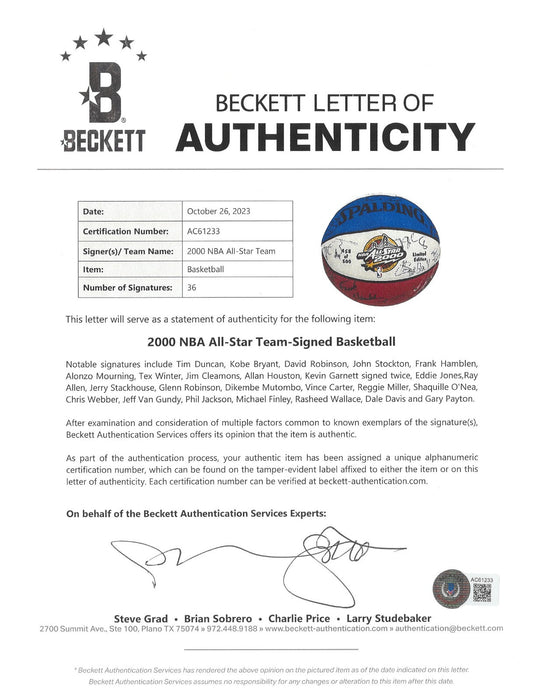 Kobe Bryant 2000 NBA All Star Team Signed Basketball 36 Sigs Beckett COA