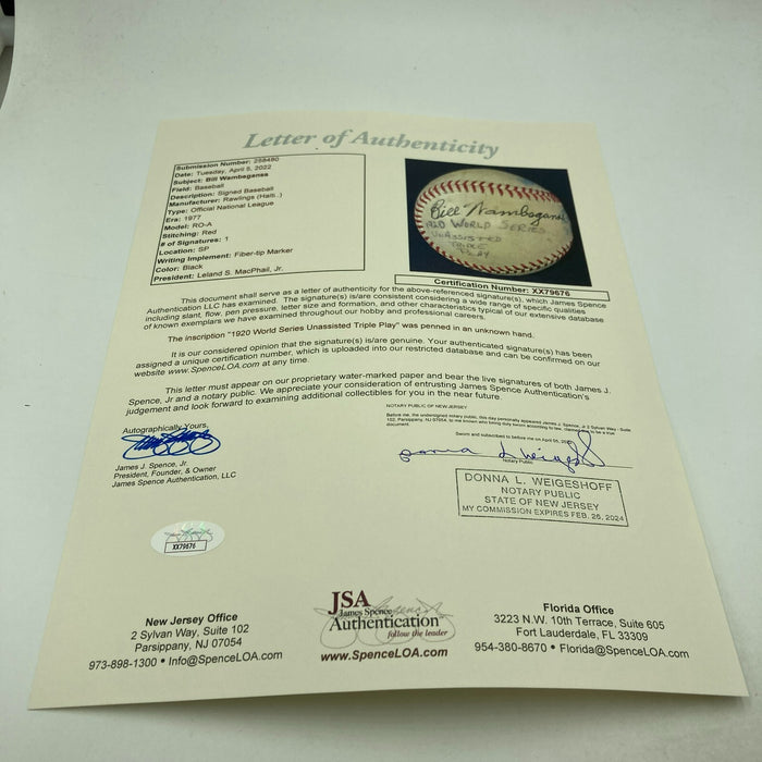 Bill Wambsganss Single Signed Baseball World Series Unassisted Triple Play JSA
