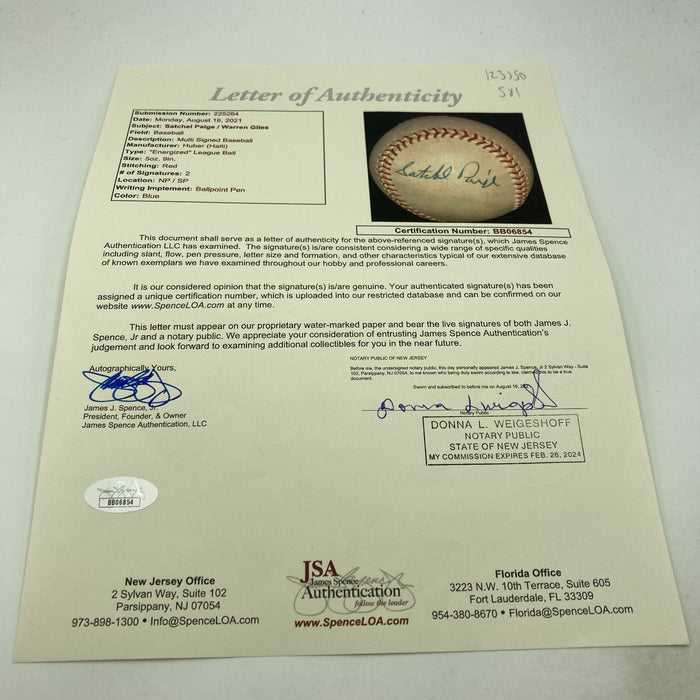 Beautiful Satchel Paige & Warren Giles Signed Baseball JSA Displays As Single