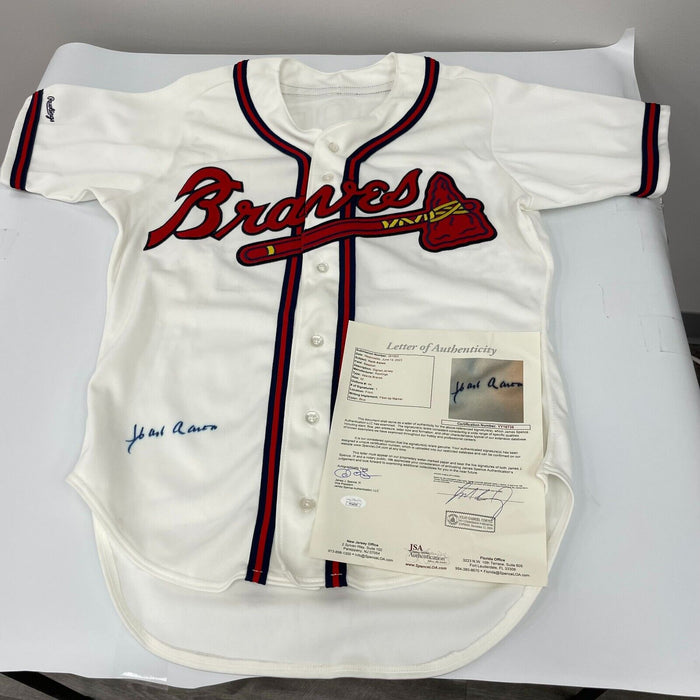 Hank Aaron Signed Authentic Atlanta Braves 1980's Game Model Jersey JSA COA