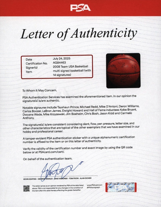 Kobe Bryant & Lebron James 2008 Team USA Signed Basketball Olympics PSA DNA