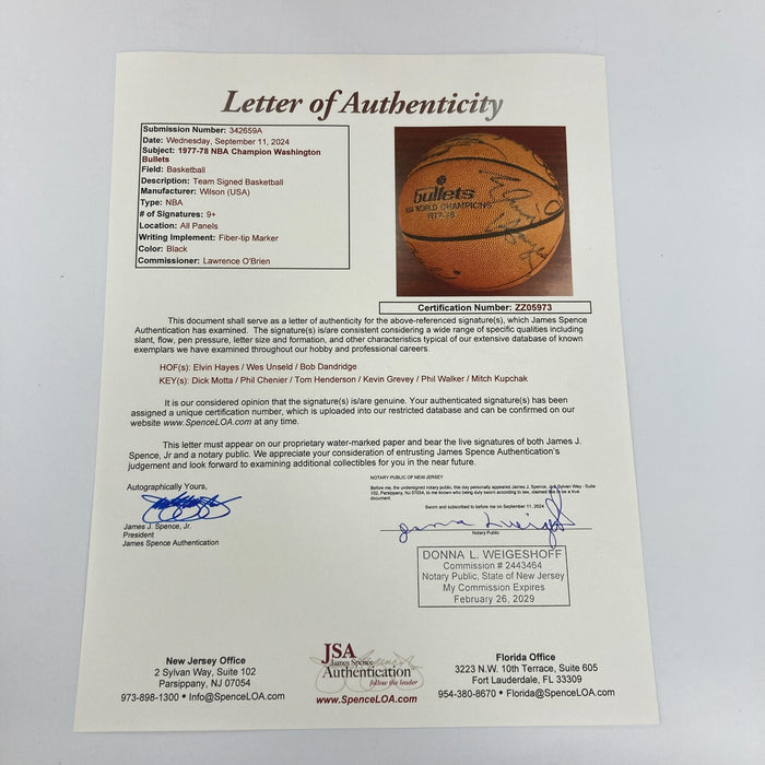 1977-1978 Washington Bullets NBA Champs Team Signed Wilson Game Basketball JSA
