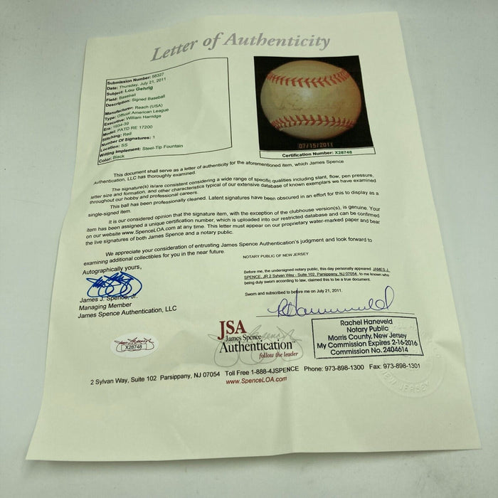 Lou Gehrig Signed 1934 Official American League Baseball JSA COA