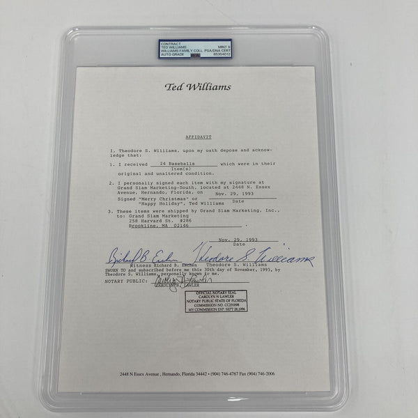 Ted Williams Full Name Signed Original Contract PSA DNA Graded MINT 9