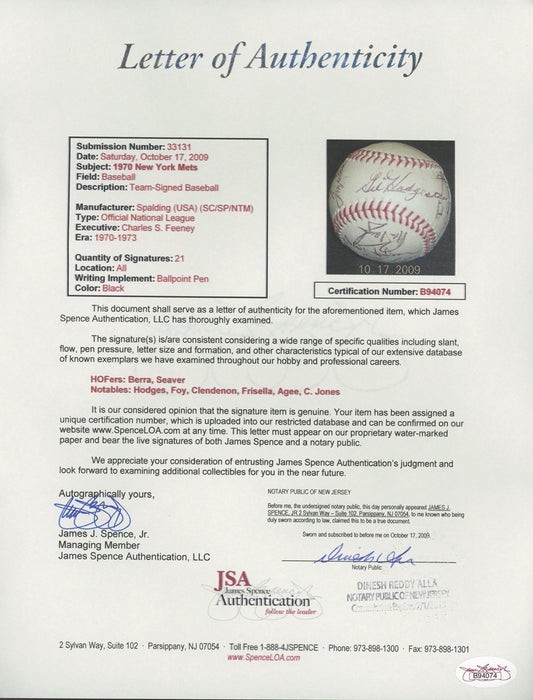1970 New York Mets Team Signed Baseball Gil Hodges & Tom Seaver JSA COA