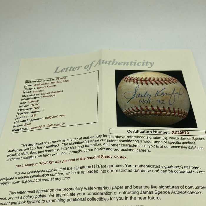 Sandy Koufax Hall Of Fame 1972 Signed National League Baseball JSA COA