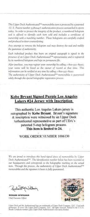 Kobe Bryant "CARPE DIEM" Signed Inscribed Los Angeles Lakers Jersey UDA #17/24