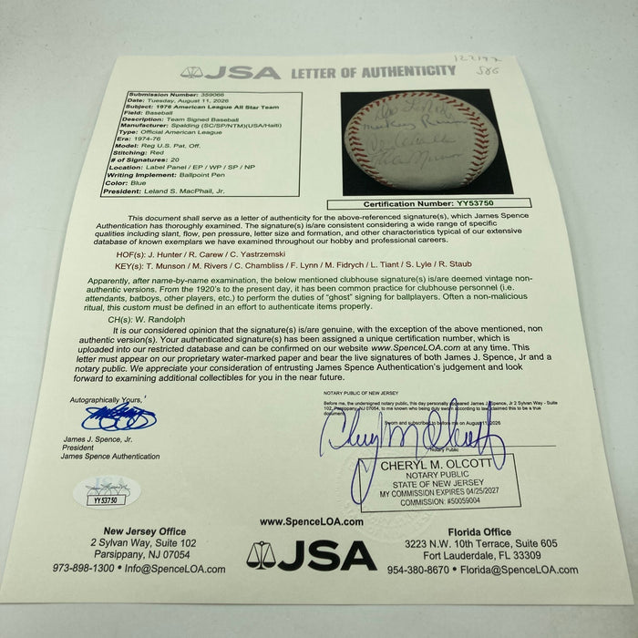 1976 American League All Star Game Team Signed Baseball Thurman Munson JSA COA